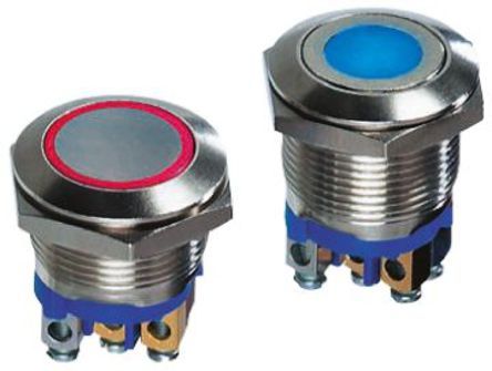 AV09C7L3D9401K, APEM Single Pole Single Throw (SPST) Momentary Blue LED Push Button Switch, IP65, 19.2 (Dia.)mm, 250V ac, Кнопочный переключатель