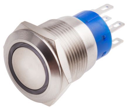 MPB19-A0F20R-124-JQ, RS PRO Double Pole Double Throw (DPDT) Momentary White LED Push Button Switch, IP67, 19.2 (Dia.)mm, Panel Mount, 250V ac, Кнопочный переключатель