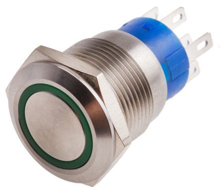 MPB19-A0F20E-612-JQ, RS PRO Double Pole Double Throw (DPDT) Momentary Green LED Push Button Switch, IP67, 19.2 (Dia.)mm, Panel Mount, 250V ac, Кнопочный переключатель