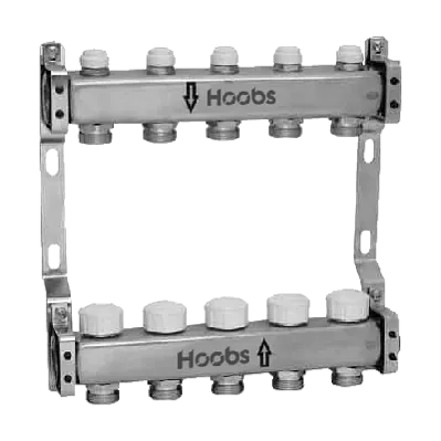 Комплект коллекторов Hoobs, нерж. сталь, с термостат. клапанами, с отсекающими клапанами и кронштейнами 1"х3/4"-11 вых.