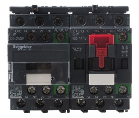 LC2D18KUE, Schneider Electric 3 Pole Reversing Reversing Contactor - 18 A, 230 V ac Coil, TeSys D Green, 3NO, 7.5 kW, Контактор