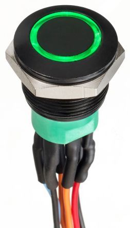 AV9V12F1020870K, APEM Double Pole Double Throw (DPDT) Momentary Green LED Push Button Switch, IP67, 19.2 (Dia.)mm, Panel Mount, 30V dc, Кнопочный переключатель