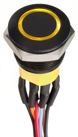 AV9522F1020870K, APEM Double Pole Double Throw (DPDT) Momentary Yellow LED Push Button Switch, IP67, 19.2 (Dia.)mm, Panel Mount, 30V dc, Кнопочный переключатель
