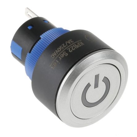 KPB22-88P1-F11-00-JQ, RS PRO Single Pole Double Throw (SPDT) Push Button Switch, IP65, 22.2 (Dia.)mm, Panel Mount, Power Symbol, 250V ac, Кнопочный переключатель