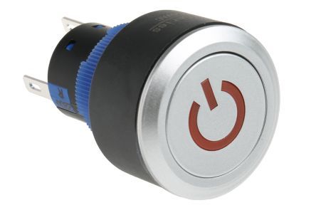 KPB22-88P3-F11-3220-JQ, RS PRO Single Pole Double Throw (SPDT) Red LED Push Button Switch, IP65, 22.2 (Dia.)mm, Panel Mount, Power Symbol, 250V, Кнопочный переключатель