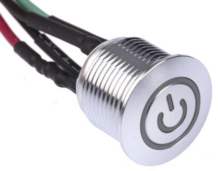 MPB16-CARP-6-T1R-12V, RS PRO Single Pole Single Throw (SPST) Momentary Green LED Push Button Switch, IP67, 16 (Dia.)mm, Panel Mount, Power, Кнопочный переключатель