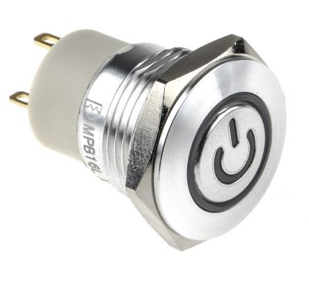 MPB16L-CARP-01-JR-3V, RS PRO Single Pole Single Throw (SPST) Momentary White LED Push Button Switch, IP67, 16 (Dia.)mm, Panel Mount, Power, Кнопочный переключатель