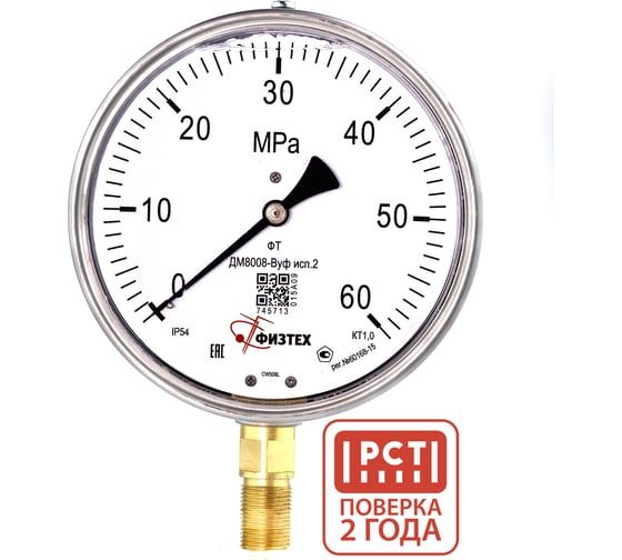Манометр виброустойчивый Физтех ДМ8008-ВУф исп 2 0-60 МПа кт.1,0 d.160 IP54 M20x1,5 РШ, Глицерин 4687205454812