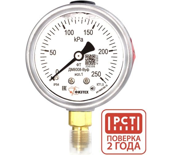 Манометр виброустойчивый Физтех ДМ8008-ВУф исп 1 0-250 кПа кт.1,5 d.63 IP54 M12x1,5 РШ ВуСл 4687205454942