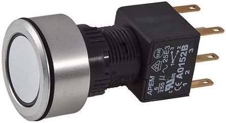 A1PCA1X220J403, APEM Double Pole Double Throw (DPDT) Latching Blue LED Push Button Switch, IP65, Panel Mount, 250V ac, Кнопочный переключатель