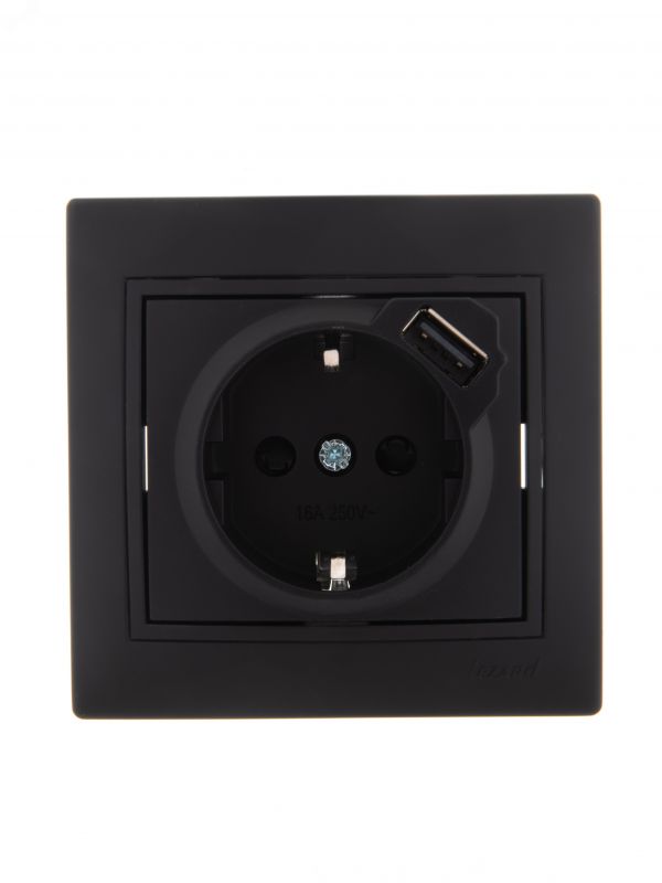 MIRA Розетка с\з +USB  чёрный бархат со вставкой (10шт/120шт)