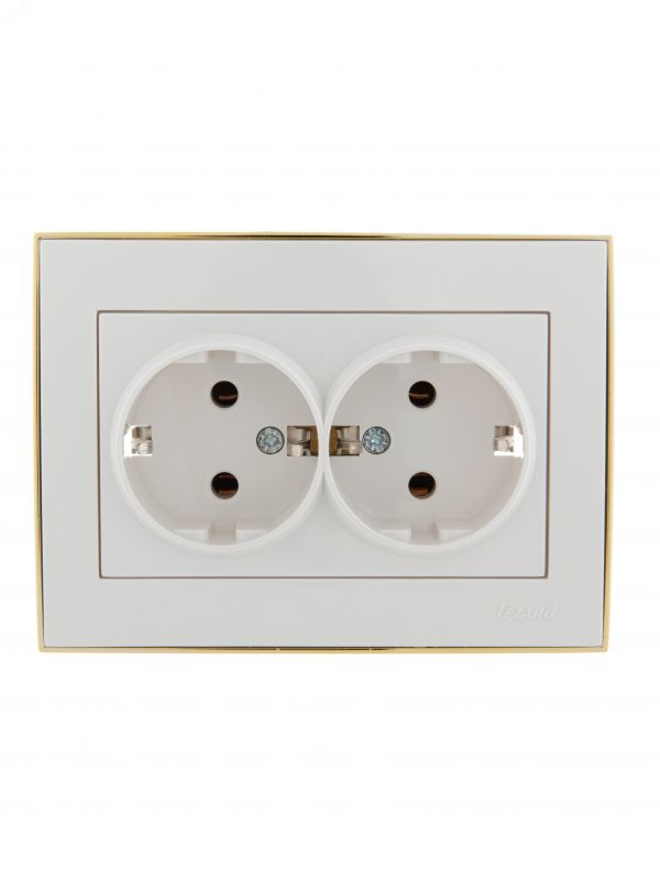Розетка RAIN двойная с/з керамика белая с боковой вставкой золото, 1 шт