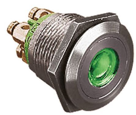 MPI001/TERM/GN, Bulgin Single Pole Single Throw (SPST) Momentary Push Button Switch, IP66, 19.2 (Dia.)mm, Panel Mount, 24V dc, Кнопочный переключатель