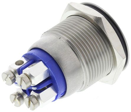 MPI002/TERM/BL, Bulgin Single Pole Single Throw (SPST) Momentary Push Button Switch, IP66, 19.2 (Dia.)mm, Panel Mount, 24V dc, Кнопочный переключатель