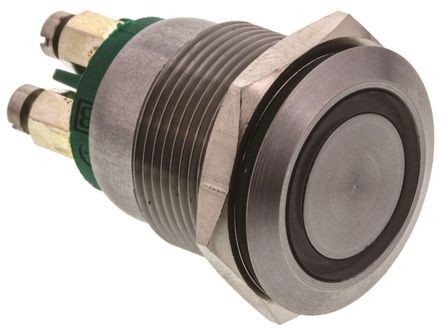MPI002/TERM/GN, Bulgin Single Pole Single Throw (SPST) Momentary Green LED Push Button Switch, IP40, 19.2 (Dia.)mm, Panel Mount, 24V dc, Кнопочный переключатель