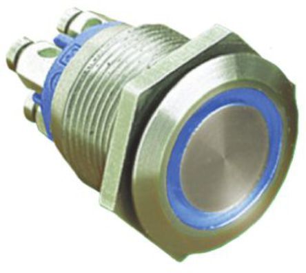MPI002/TE/BL/6, Bulgin Single Pole Single Throw (SPST) Momentary Blue LED Push Button Switch, IP66, 19.2 (Dia.)mm, Panel Mount, 24V dc, Кнопочный переключатель