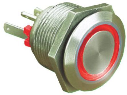 MPI002/RP/RD/12, Bulgin Single Pole Single Throw (SPST) Momentary Red LED Push Button Switch, IP66, 19.2 (Dia.)mm, Panel Mount, 24V dc, Кнопочный переключатель