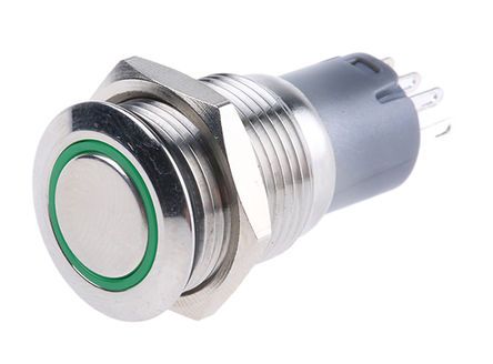 AV02L-B32-M3-FR-G-24V, RS PRO Single Pole Double Throw (SPDT) Momentary Green LED Push Button Switch, IP65, IP67, 16 (Dia.)mm, Panel Mount,, Кнопочный переключатель