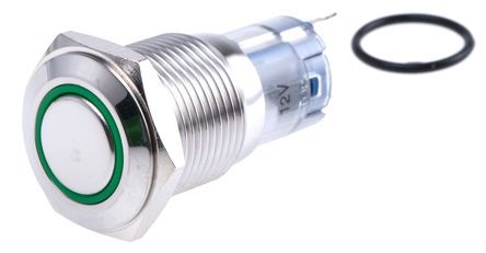 AV02L-B32-M3-FR-G-12V, RS PRO Single Pole Double Throw (SPDT) Momentary Green LED Push Button Switch, IP65, IP67, 16 (Dia.)mm, Panel Mount,, Кнопочный переключатель