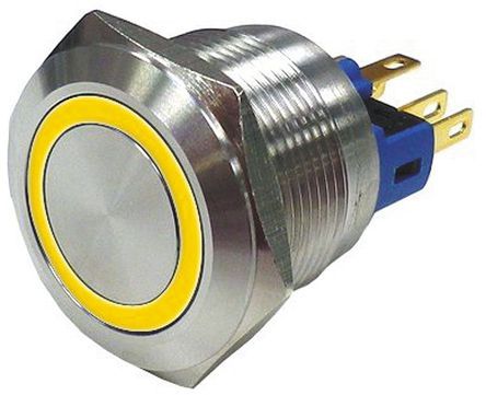 AV02L-B12-M3-FR-Y-12V, RS PRO Single Pole Double Throw (SPDT) Momentary Yellow LED Push Button Switch, IP65, IP67, 22 (Dia.)mm, Panel Mount,, Кнопочный переключатель