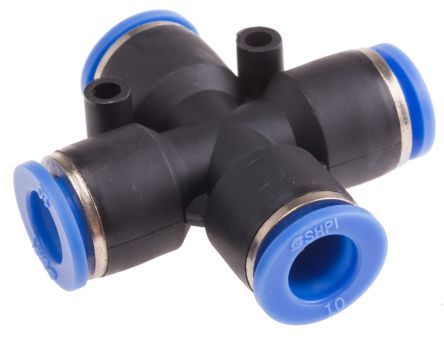 PZA 10, RS PRO Pneumatic Cross Tube-to-Tube Adapter Connection A 10mm, B 10mm, C 10mm, D 10mm, Переходник