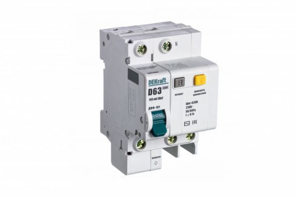 Автоматический выключатель дифференциального тока АВДТ встроенная защита от сверхтоков 1P+N 63А 100мА AC D ДИФ-101