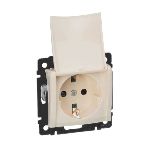 Розетка 1-местная с заземлением с защитными шторками и крышкой 16А IP20 слоновая кость VALENA