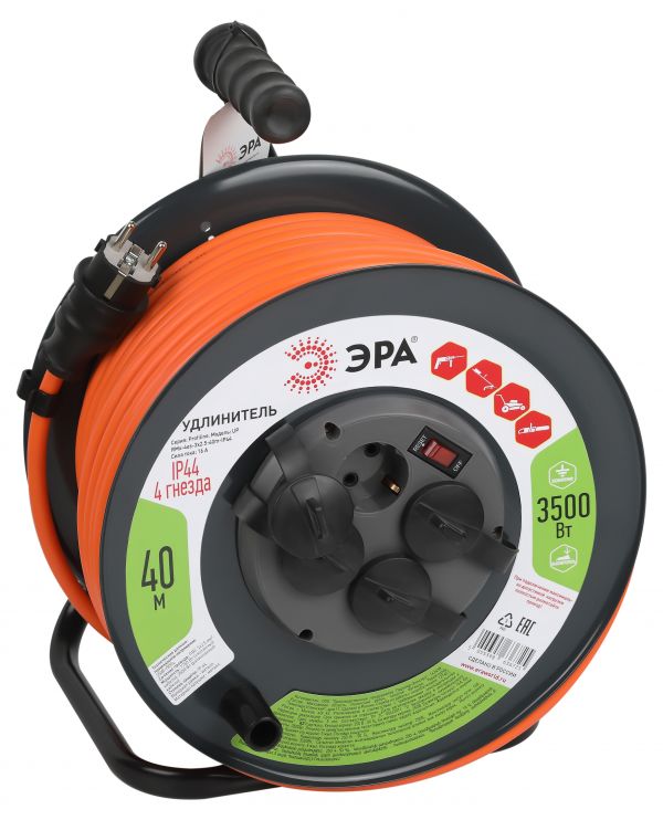 Удлинитель силовой RMx-4es-3x2.5-40m-IP44 на металлической катушке с заземлением с выключателем 4 розетки 40м ПВС