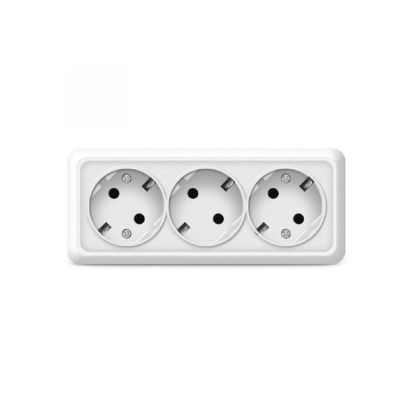 Розетка трехместная   Олимп с/з, наружная, 16А, 220В, белая (еврослот)