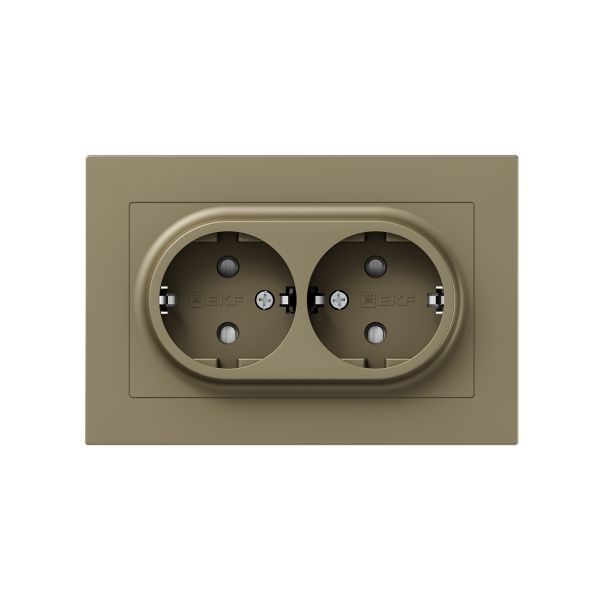 Механизм розетки двойной  16А  с заземлением  со шторками  с рамкой  шампань Эпика EKF