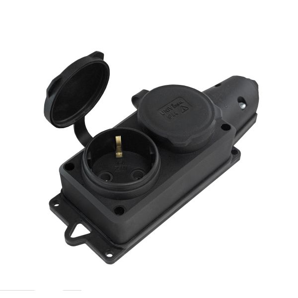 Колодка 2-х местная однофазная с заглушками КОМПАКТ с/з каучук 16 А 250 В IP44 еврослот