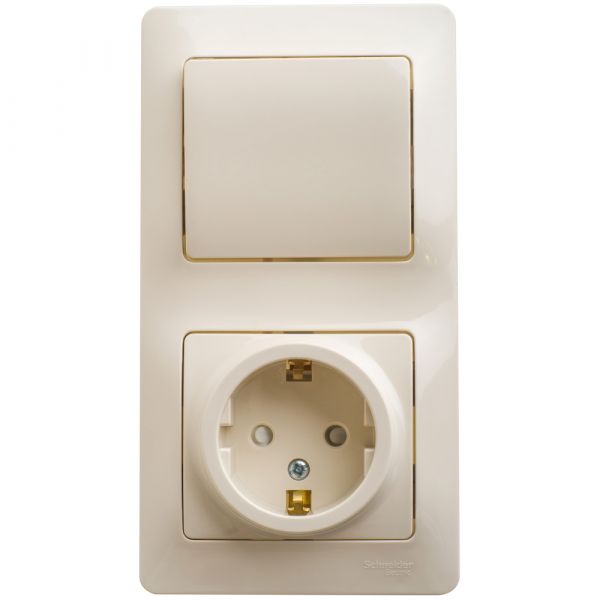 Блок: розетка с заземлением со шторками + выключатель одноклавишный бежевый