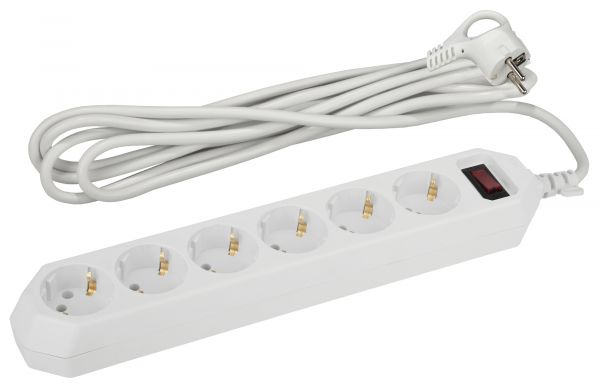 Фильтр сетевой белый с заземлением, 3x0,75 мм2, с выключателем, 6 гнезд, 3м USF-6es-3 м-W-BOX