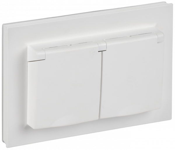 BRITE Розетка 2-местная с заземлением с защитными шторками и крышкой 16А в сборе IP44 РСбш12-3-44-БрАБ арктический белый IEK