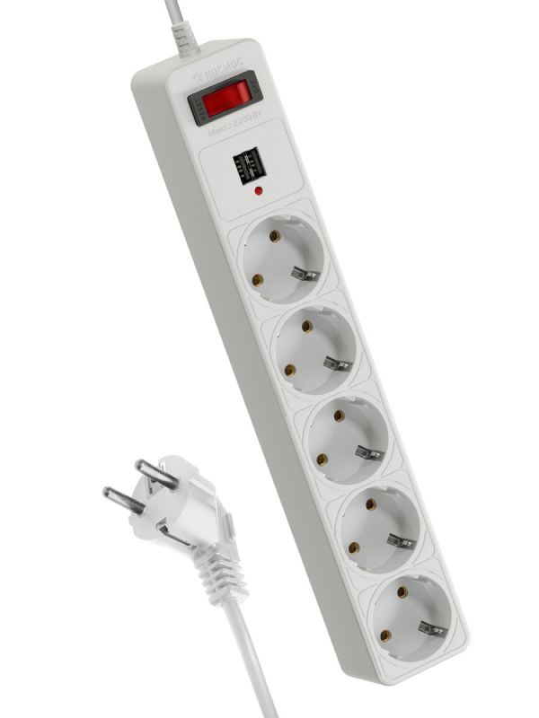 Фильтр сетевой 1,8м 5 гнезд, пвс 3х0,75мм2, белый 2 USB