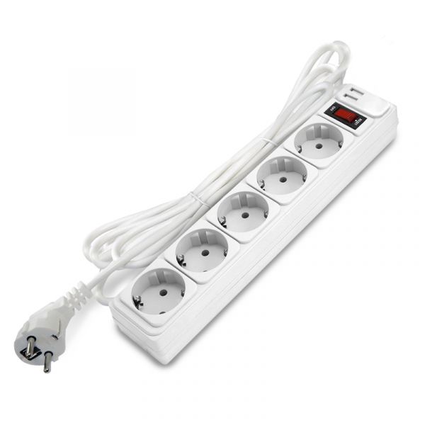 Фильтр-удлинитель 5 гнезд с USB type-A + type-A, ПВС 3*1, 10А/2,2кВт, выключатель с индикацией, с заземлением белый, 5 метров DOMTOK