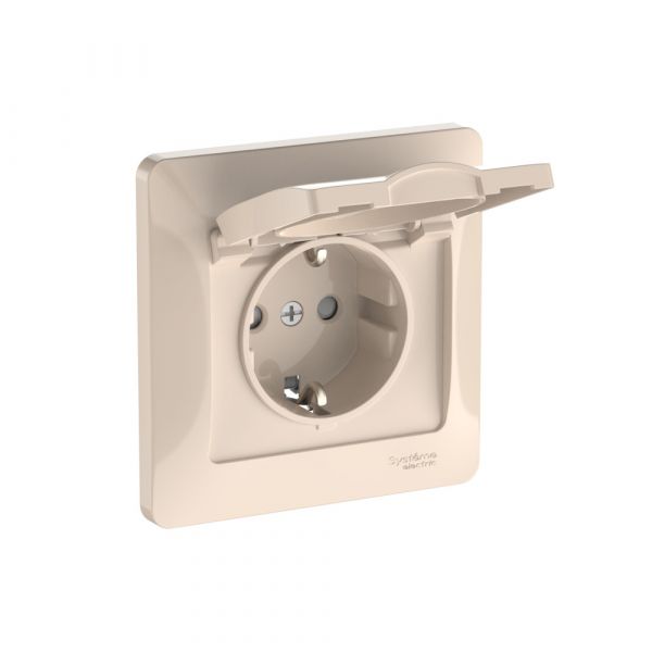 GLOSSA РОЗЕТКА с заземлением со шторками с крышкой, 16А, IP20, в сборе, быстрозажимные клеммы, БЕЖЕВЫЙ