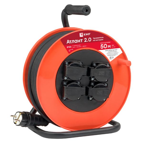 Удлинитель на катушке 'Атлант 2.0' 4 гнезда 50м с заземлением ПВС 3x1.5 16А/3.5кВт IP44 PROxima