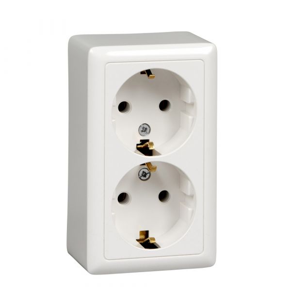 ХИТ Розетка двойная наружная белая с заземлением без шторок изолирующая пластина 16А 250В
