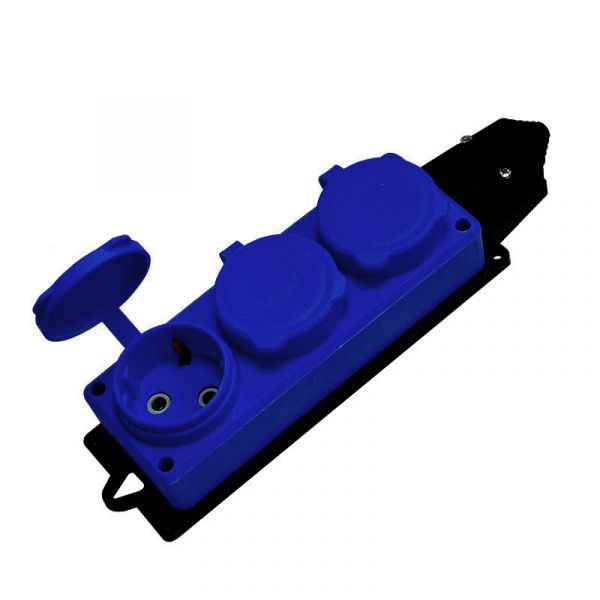 Колодка 3-х местная однофазная с заглушками Компакт с/з каучук 16А 250В IP44 синий цвет еврослот