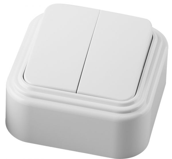 Выключатель двухклавишный открытой установки , 250В, 6А, IP20, белый,