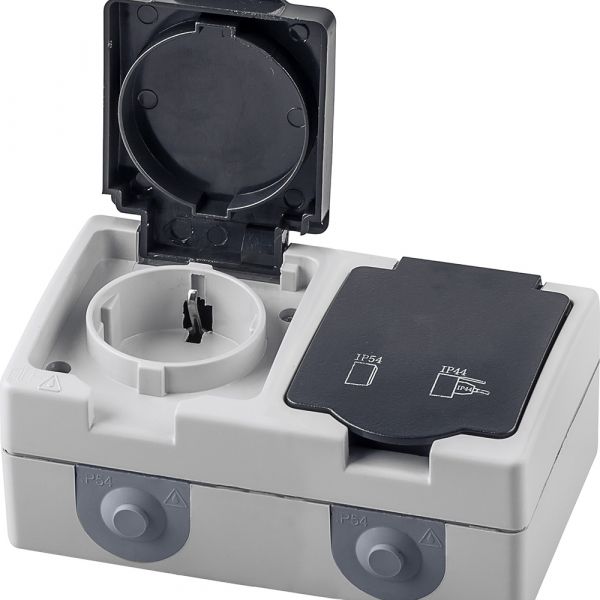 Розетка 2-местная с крышкой с/з 250В 16А серия Велена PST16-12-54 серый/графит STEKKER