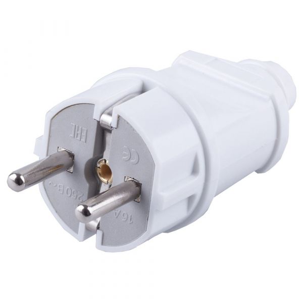 Вилка прямая с/з, пластик 250В, 16A, IP20, белая