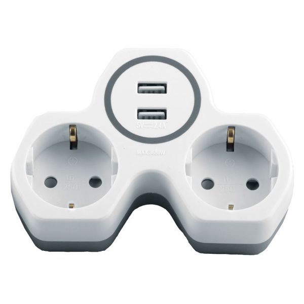 Разветвитель сетевой на 2 выхода + 2 выхода USB, с/з,, белый/серый