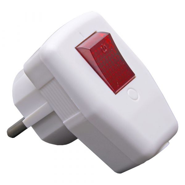 Вилка угловая с выключателем, с заземлением, 250 В, 16 A, IP20, белый