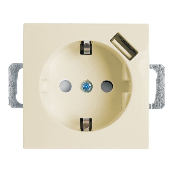 Розетка одноместная (механизм) с/з 250В, 16А с USB 1А, серия Эрна, слоновая кость, Stekker