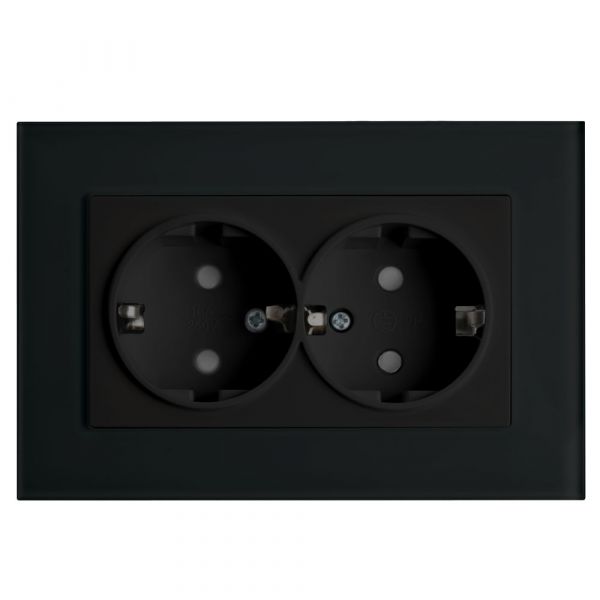 Розетка двухместная с/з,с защитной шторкой,250В, 16А,  серия Эрна, черный Stekker