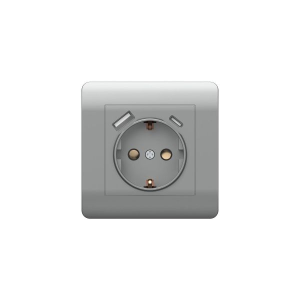 Розетка с/з со шторками, 16А+ USB двойная A+С, 5В/2,1А, серебряный