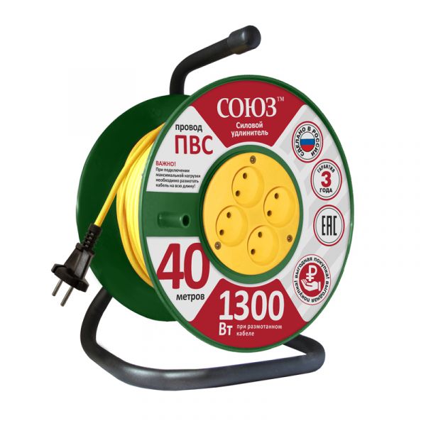 Удлинитель Союз силовой на катушке с 4 гнезда 1300 Вт 40м