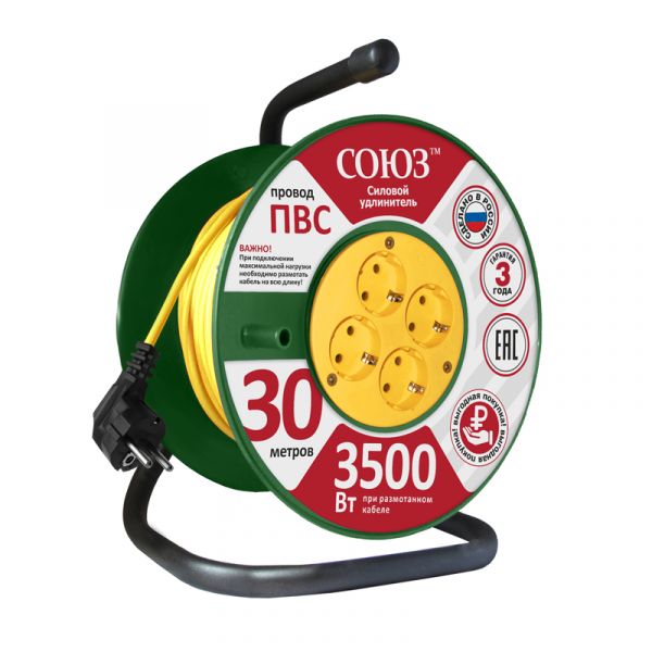 Удлинитель Союз силовой на катушке с 4 гнезда 3500 Вт с заземлением 30м